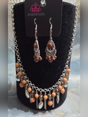 paparazzi Silver-Tone Necklace & Earrings with Tan and Brown Beads